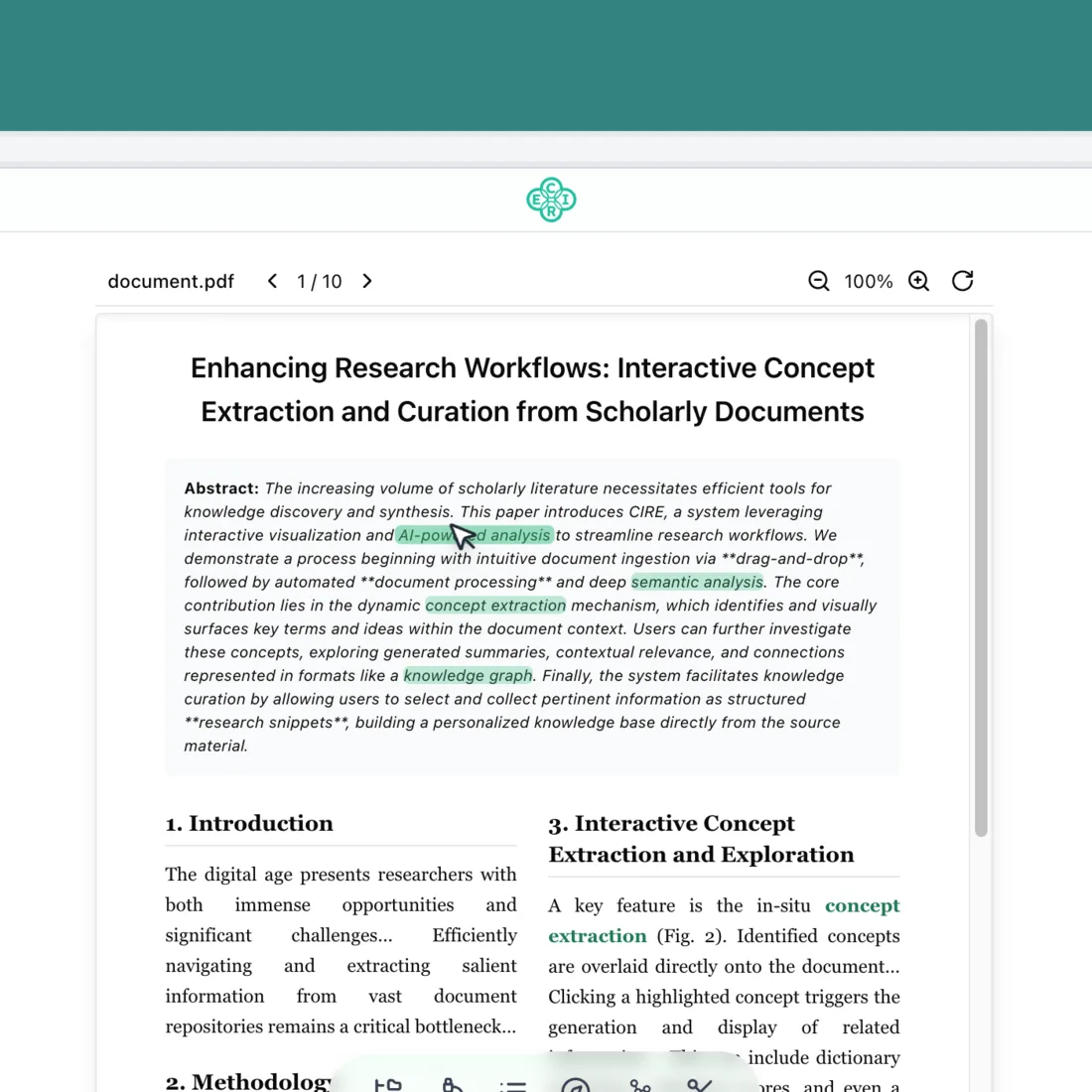 CIRE PDF viewer showing teal concept highlights over a scholarly document