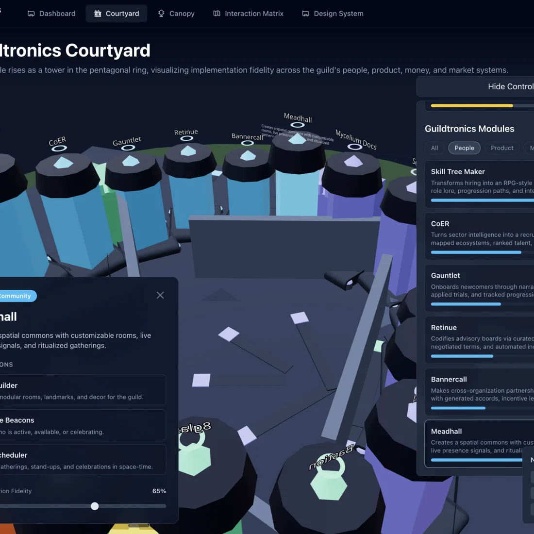 Guildtronics Courtyard: 3D view of module towers with the Meadhall detail panel open