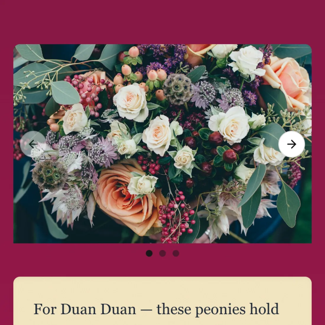 Heart & Stem buyer app showing a lush peony-and-rose bouquet with AI-generated romantic recommendation